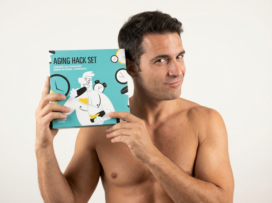 Uomo con il cofanetto Aging Hack